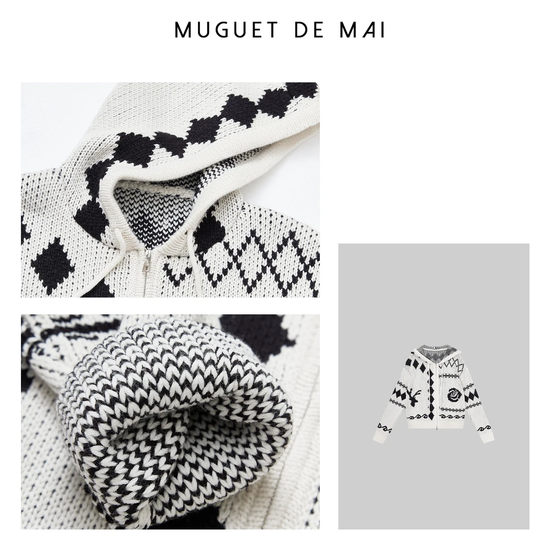 【MGDM】加厚高克重提花针织连帽拉链开衫毛衣外套YSA3463