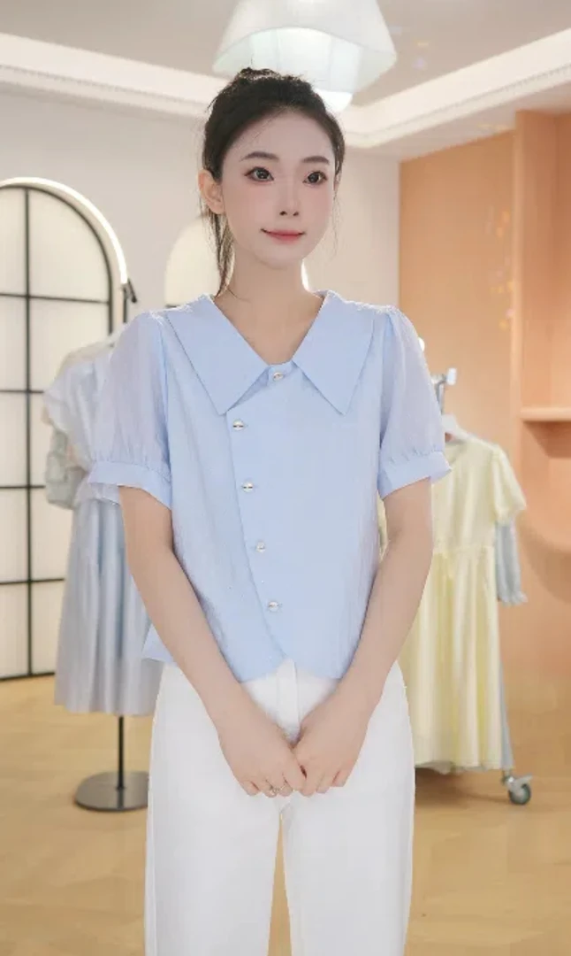 F2930时尚甜美短袖衬衫女夏装夏季新款时尚减龄显瘦短款小衫上衣