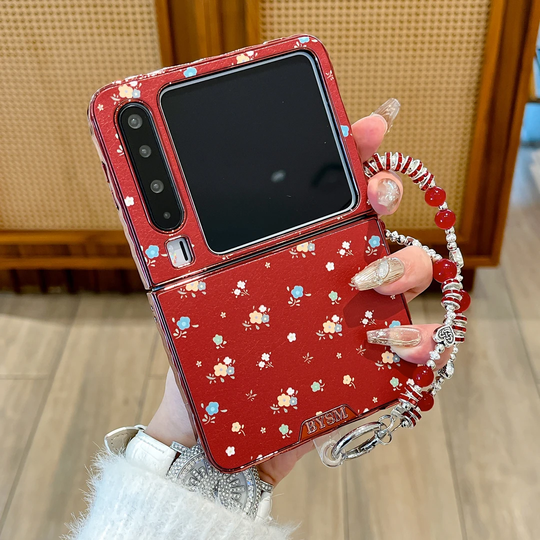 适用华为purax手机壳红色电镀钻纹皮纹小碎花pocket2折叠女保护套