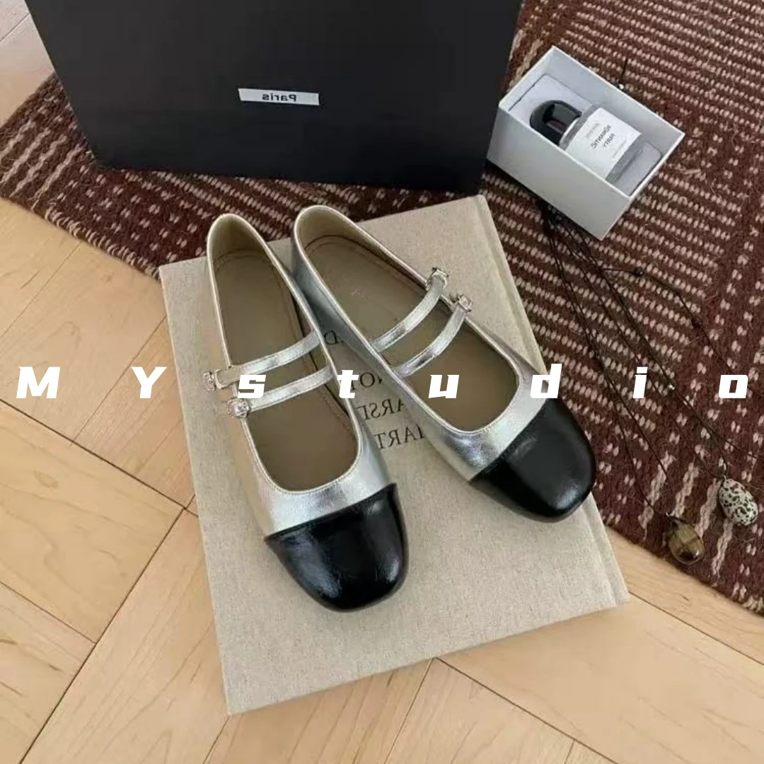 MYstudio｜春季新款复古双拼百搭双扣真皮小香风平底玛丽珍单鞋