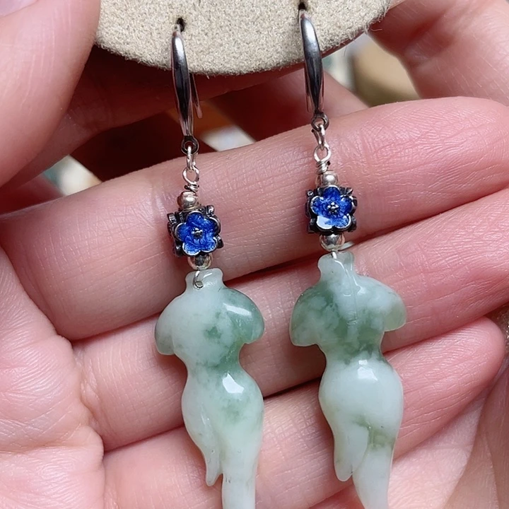 透闪石-蛇纹石玉耳环银S925镶嵌