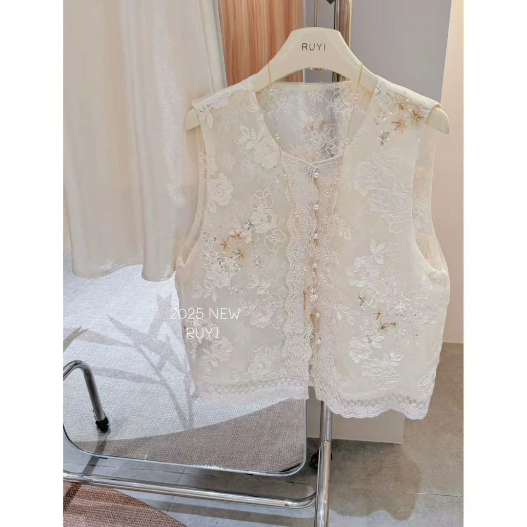 入艺878【Y I晨露】25春上新 中式亮片绣花珍珠纽扣马甲-RY2530407