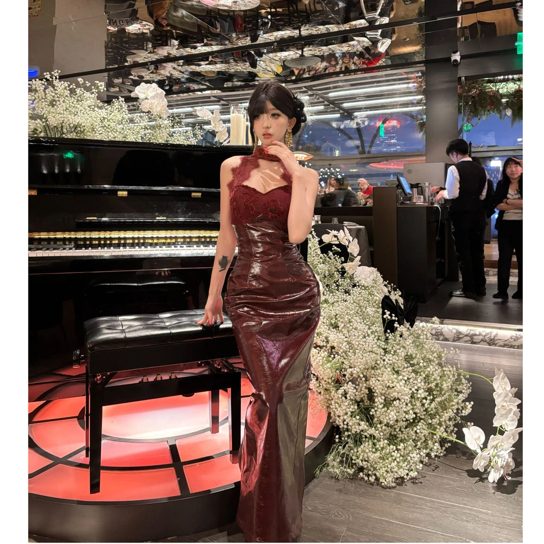 【小洋家原创】（血色玫瑰）复古高级感套装蕾丝挂脖皮裙SXYJL408342