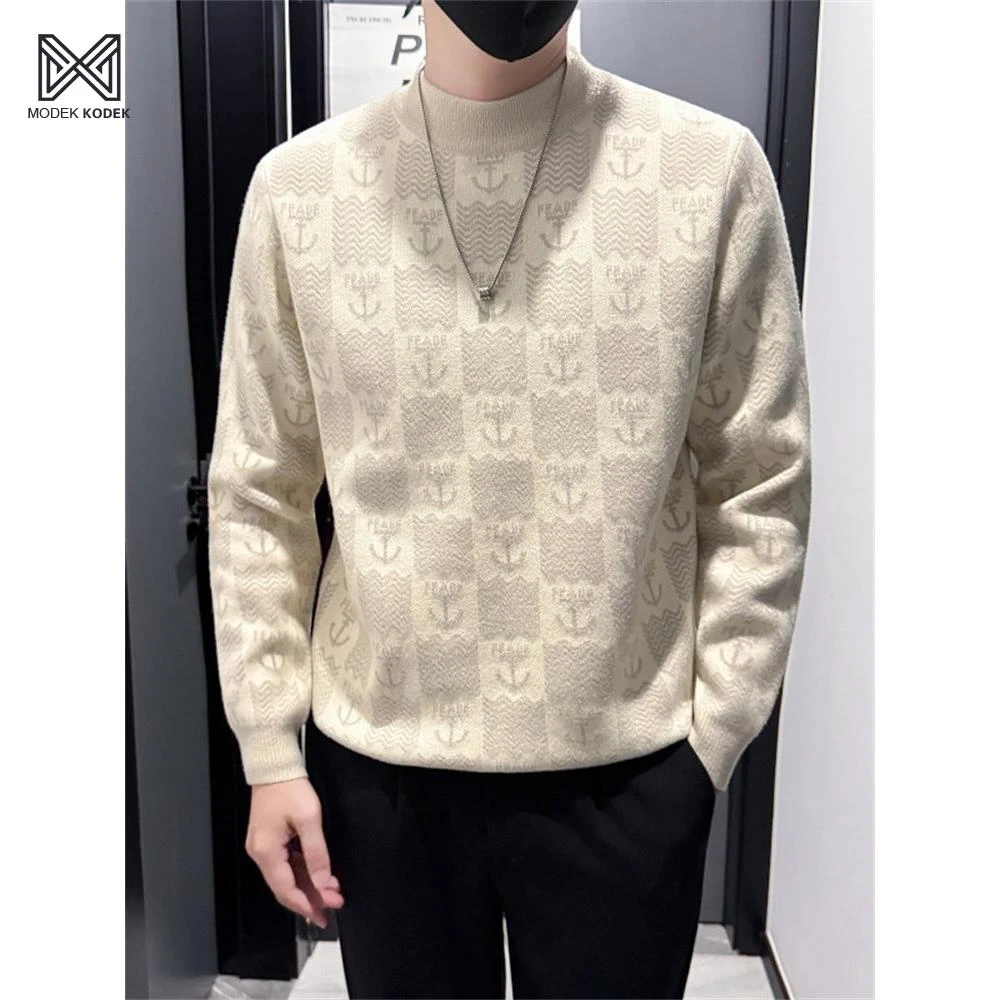 MODEK KODEK提花毛衣男秋冬半高领针织衫2025潮流保暖内搭打底衫