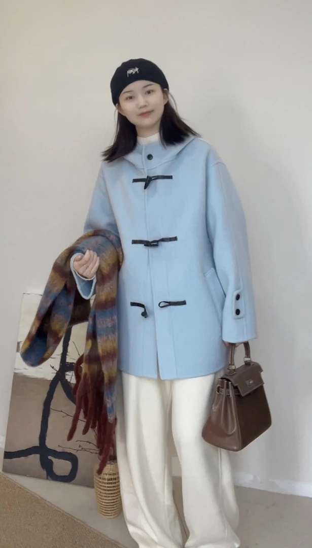 湖蓝色牛角扣羊毛大衣时尚春秋气质女士纯色外套韩版双面呢大衣