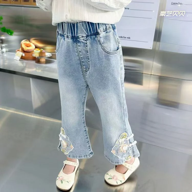H70（大米家）女童洋气刺绣国风牛仔裤