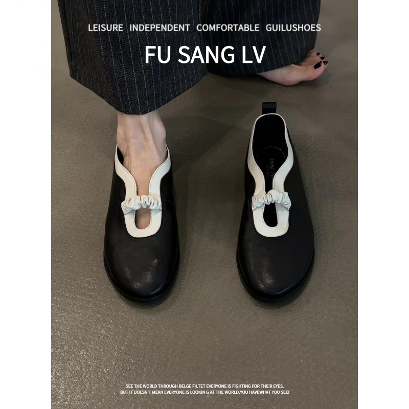 羊皮版~2025新款法式复古风圆头低跟单鞋女休闲一脚蹬镂空奶奶鞋