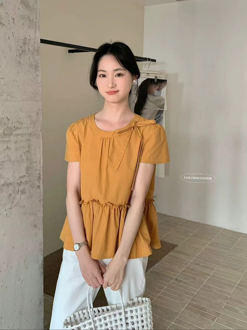 想象@8782 韩系甜美百搭荷叶边圆领系带小衫 5-6