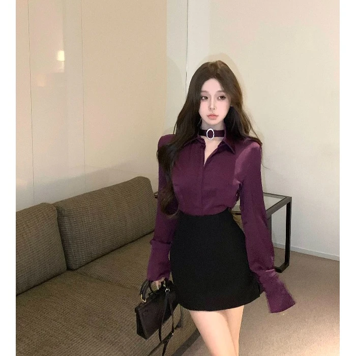 紫色长袖衬衫女秋季醋酸缎面气质休闲衬衣别致上衣高腰包臀裙套装