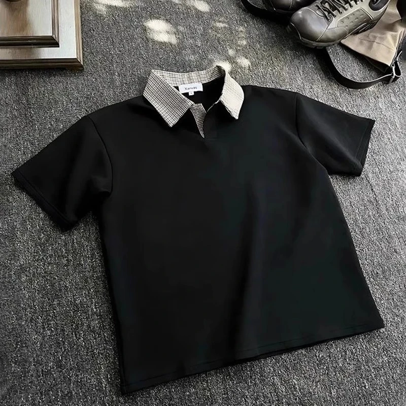 千鸟格拼接Polo衫男款短袖老钱风冰感抗皱夏季t恤美式重磅半截袖