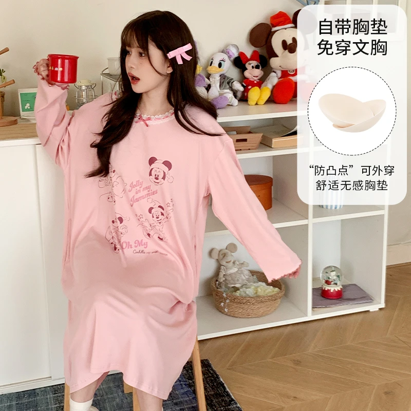 Disney/迪士尼秋季长袖睡裙带胸垫甜美风卡通休闲大码家居服0149