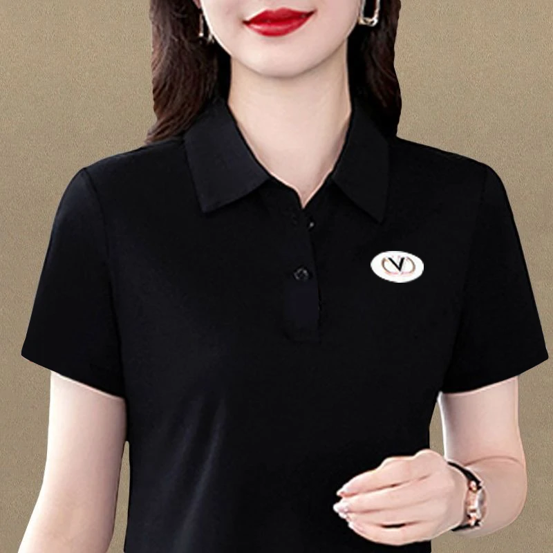 A30黑色妈妈翻领短袖t恤女夏季新款polo中年人运动休闲上衣大码
