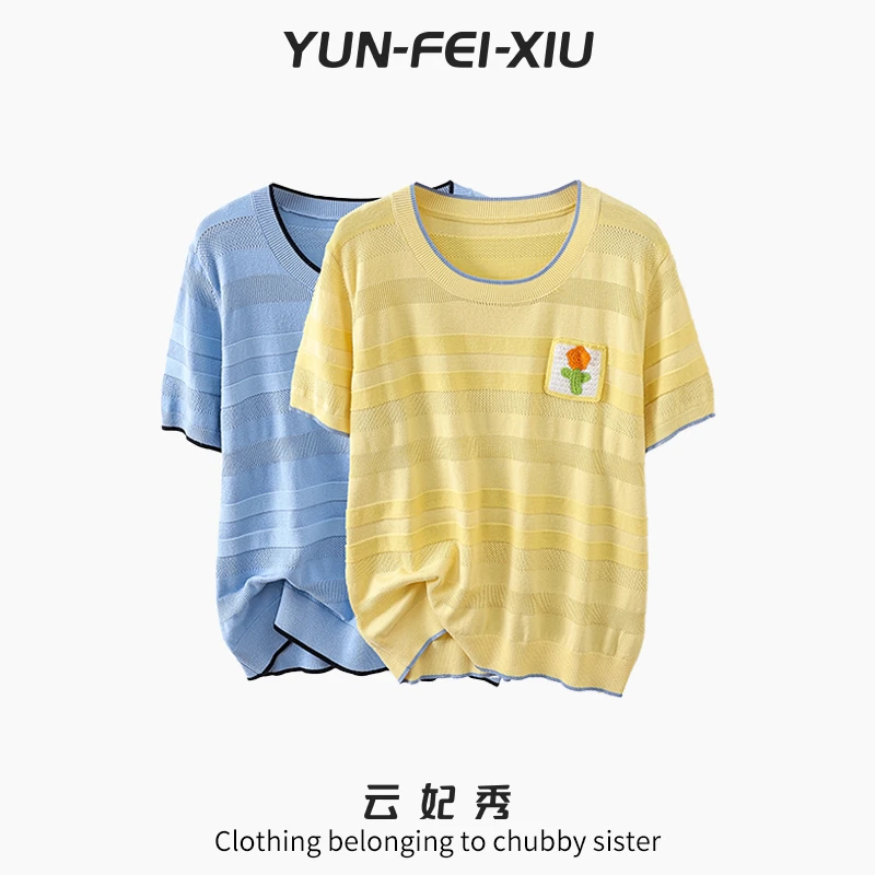 云妃秀大码女装针织衫宽松时尚圆领百搭上衣微胖韩版显瘦夏季2017