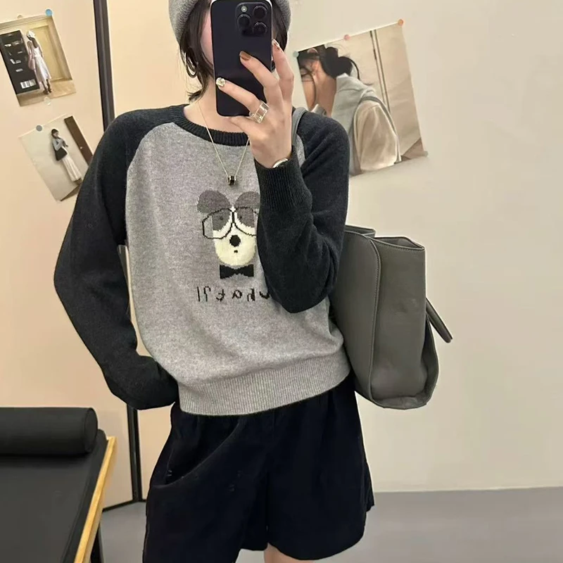 「领带小狗」可爱减龄~秋冬圆领拼色卡通提花显瘦百搭针织衫-5397