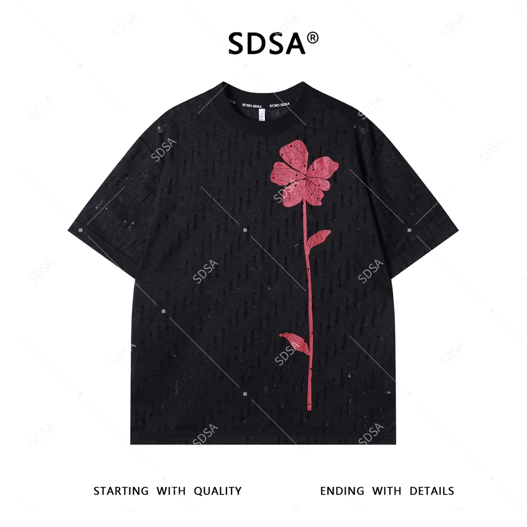 SDSA夏季新款男士痞帅潮牌镂空撞色印花圆领短袖T恤小众设计上衣