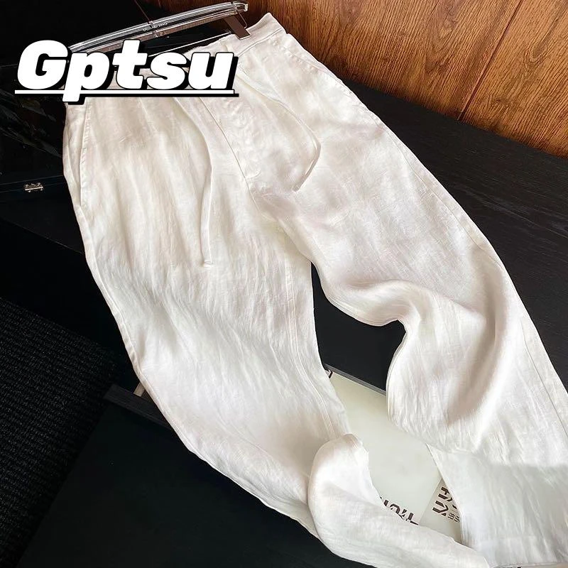GPTSu夏季老钱风天丝亚麻透气舒适直筒运动休闲裤男宽松轻奢长裤