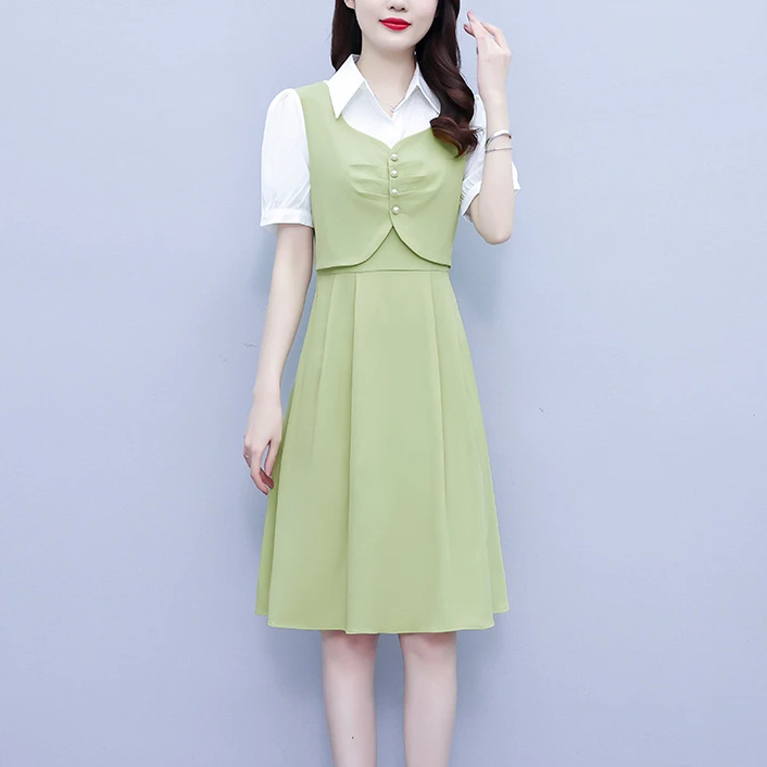 大码女装连衣裙2025夏季新款拼接假两件淑女A字裙宽松型