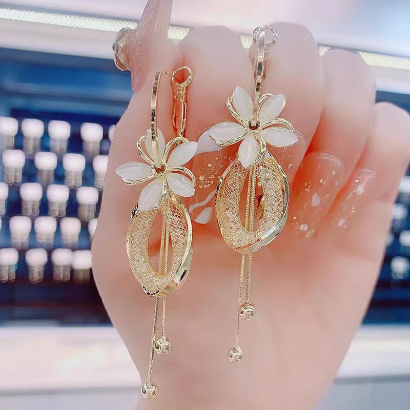 合金合成锆石耳饰 日韩甜美风浅金花卉金色耳环大气气质饰品耳饰