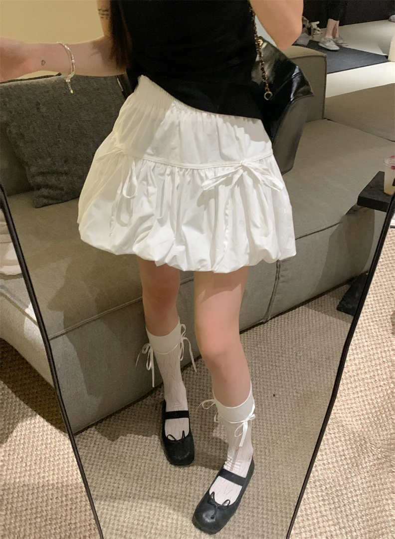 设计感蝴蝶结绑带蓬蓬裙子白色半身裙女夏季甜美风A字短裙花苞裙