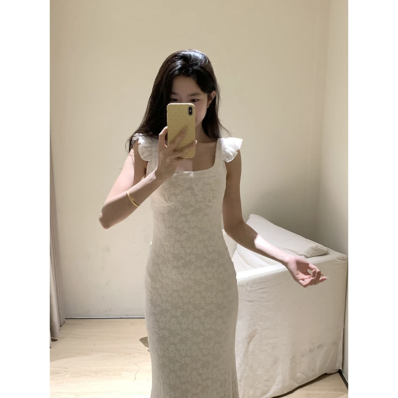 王少女的店【清清】白色修身蕾丝U领小飞袖连衣裙 L32306S52