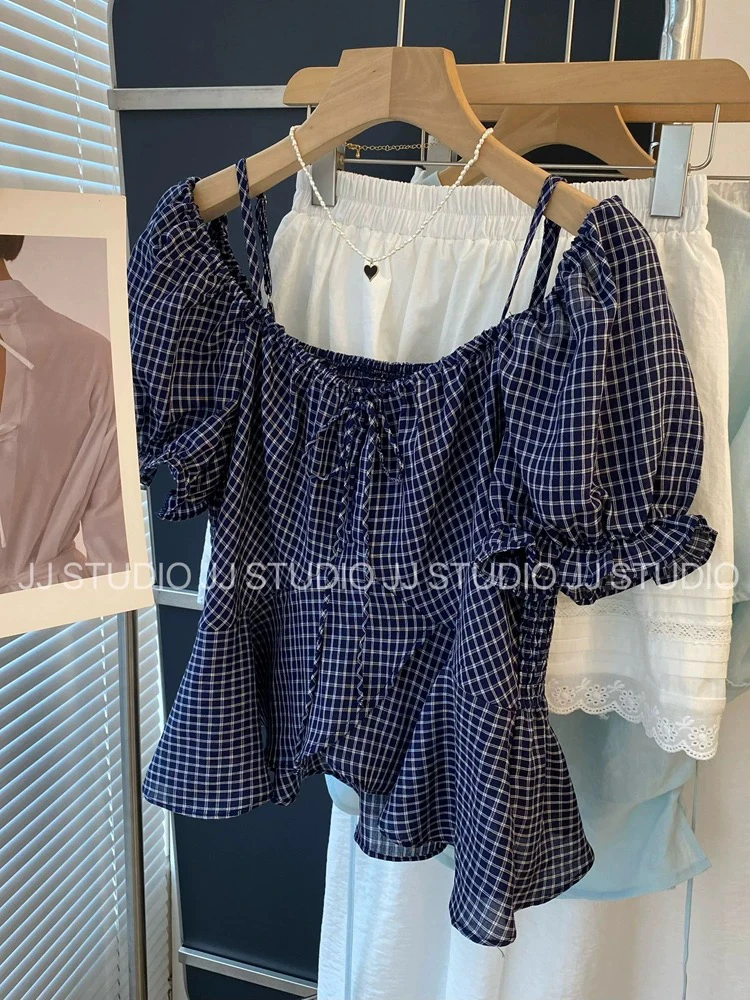 韩版高级感洋气甜美显瘦百搭短袖露肩泡泡袖绑带格子衬衫上衣女夏