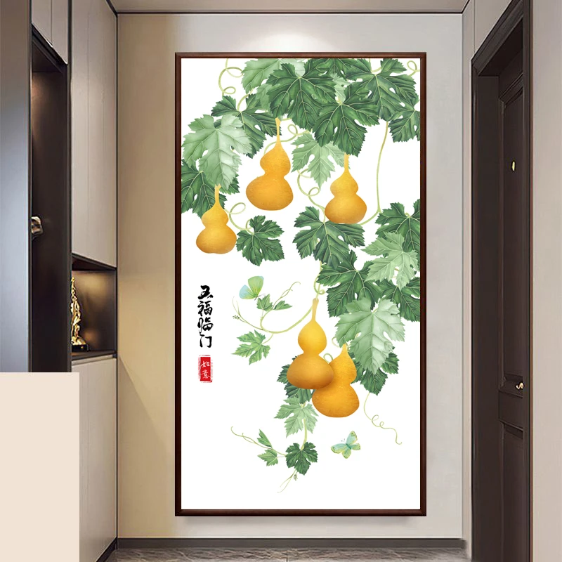 316-70*140五福临门中式装饰画实木框书房入户玄关走廊背景墙装饰