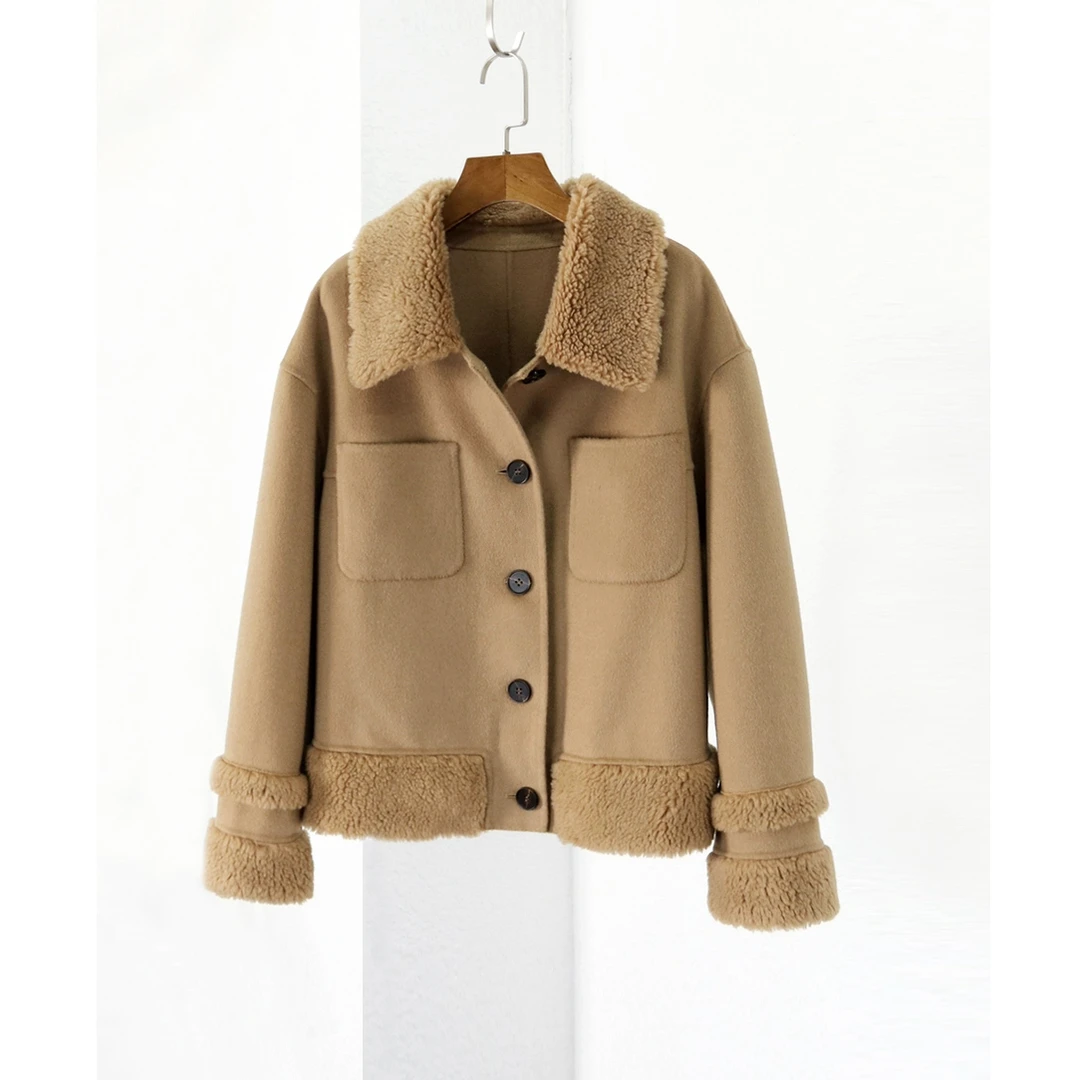 冬季新款纯羊毛双面呢羊羔毛翻领外套短大衣女驼色上衣/偏大