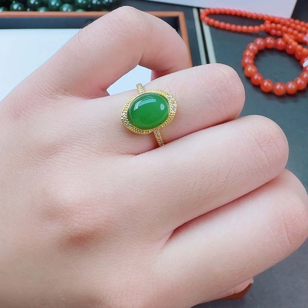 和田玉（碧玉）碧玉戒指蛋面款金色款银S925镶嵌