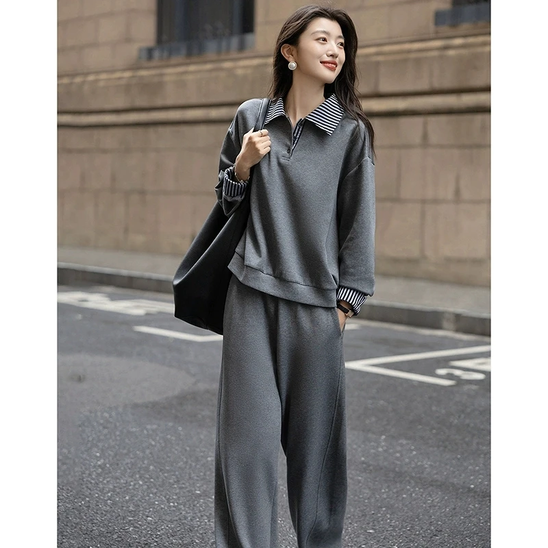 休闲运动套装女春秋2026新款洋气减龄翻领拼接polo领灰色两件套潮