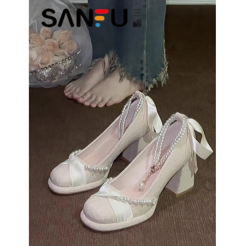 SANFU/三福玛丽珍粗跟高跟鞋女2025年春秋新款仙女风白色一字带