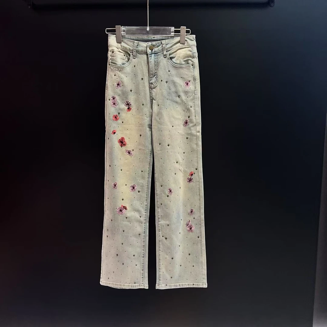 【1112】2024 SELINE 设计感轻奢重工樱花直筒牛仔裤