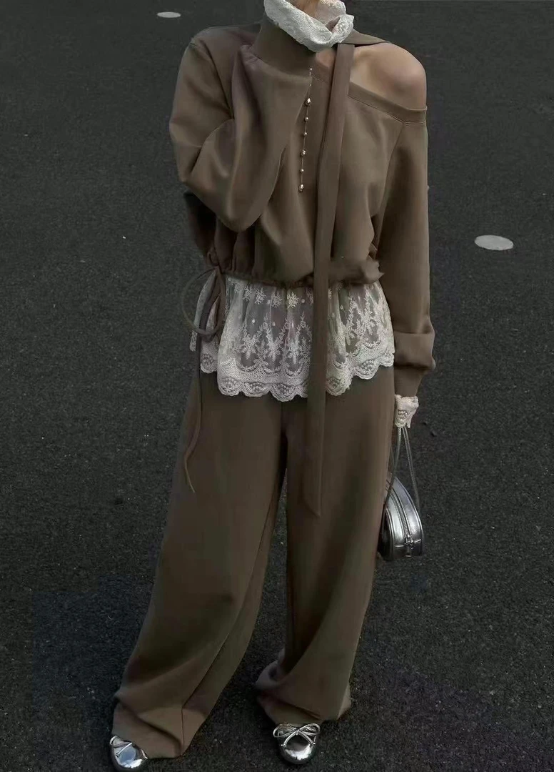 露肩长袖飘带蕾丝上衣高腰显瘦阔腿裤气质套装
