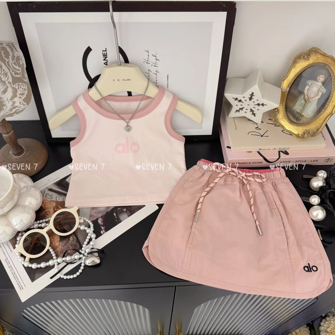 女童2025夏季新款拼色印花字母背心工装裙两件套C23299