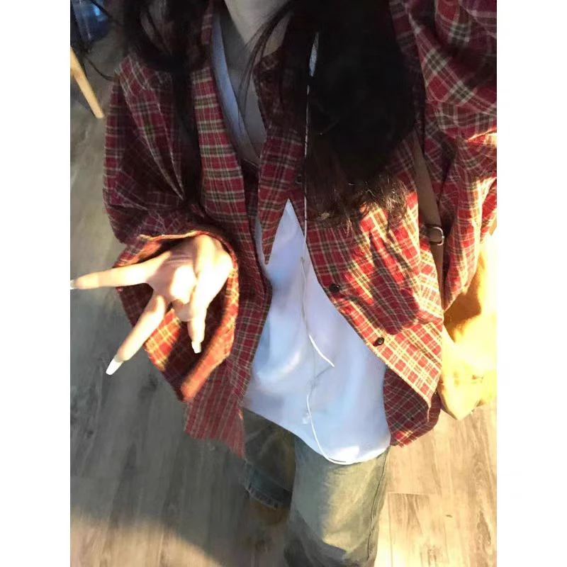 美式复古红色格子长袖衬衫女2025秋季上衣小个子慵懒风格纹外套