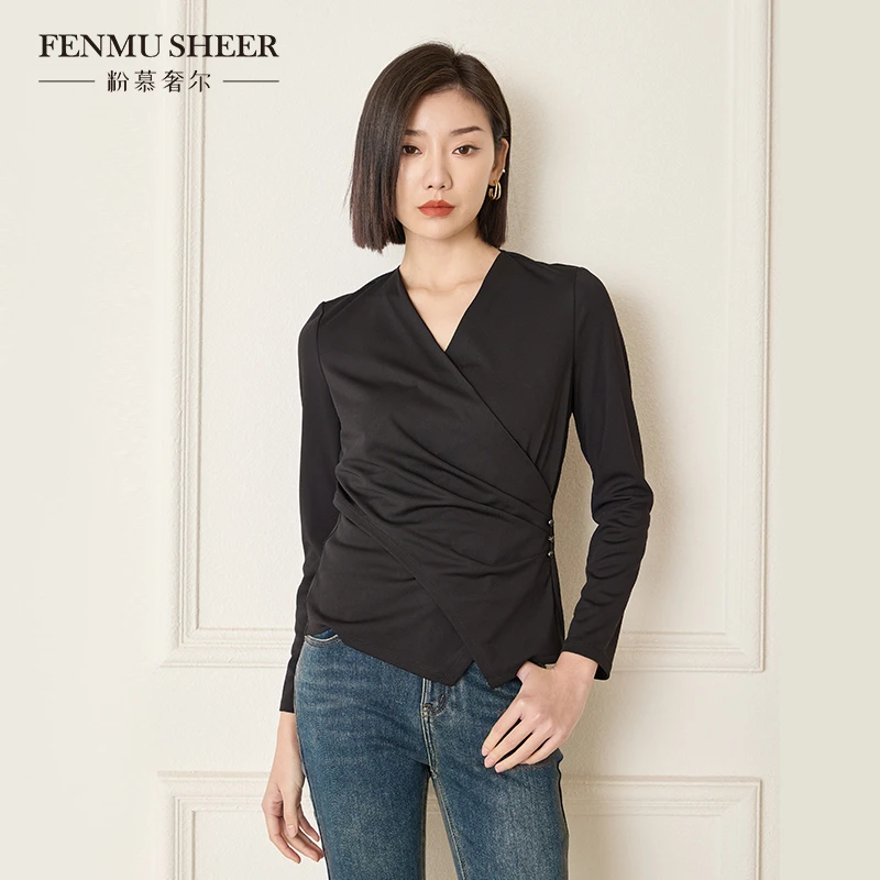 【莉莉专属】粉慕奢尔『浮梦罗烟』V领修身显瘦下摆褶皱上衣-G1736