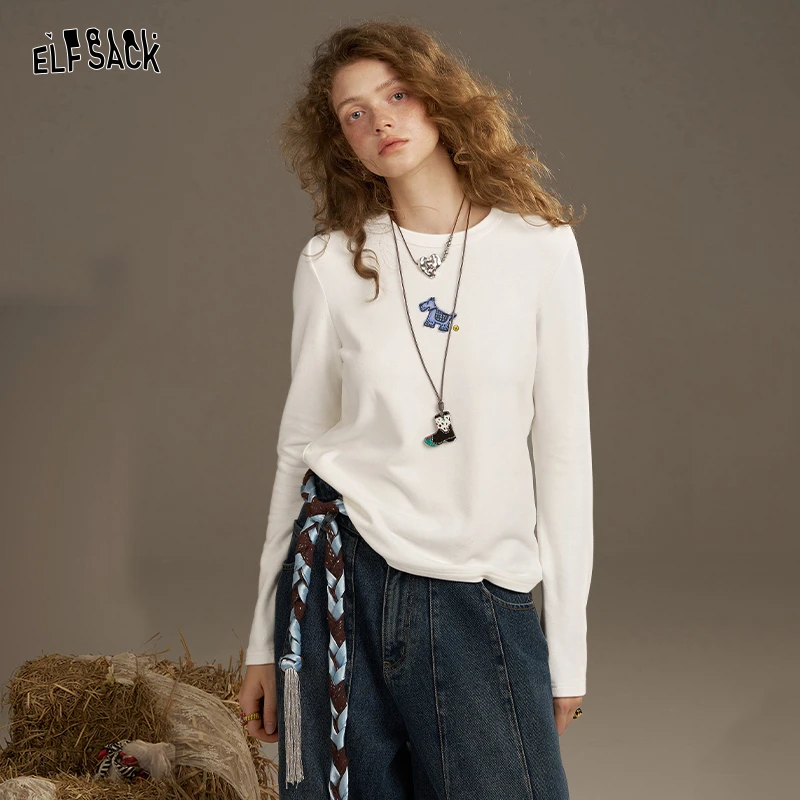 妖精的口袋白色印花撒银长袖t恤女2025早秋新款小众内搭单款上衣