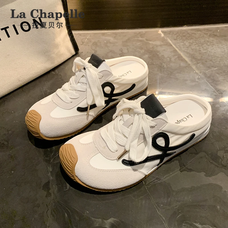 拉夏贝尔包头半拖德训鞋女2025年夏季新款小白鞋芒果头百搭休闲鞋
