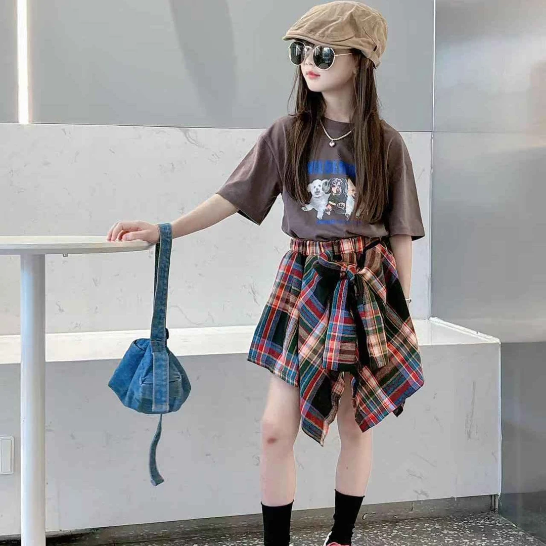 女童夏季新款酷飒不规则撞色舞蹈裙裤ins设计感拼接格子半身裙子