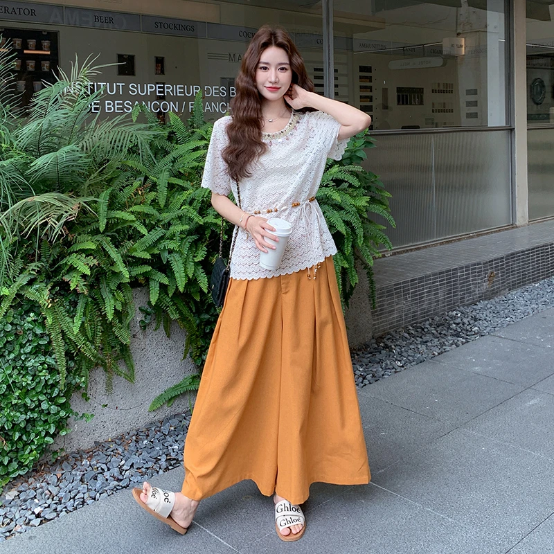 2025超火夏季时尚套装女韩系气质超好看镂空钩花T恤阔腿裤两件套