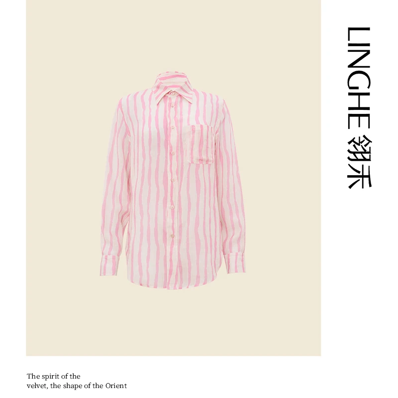 翎禾LINGHE-「春亭序」苎麻长袖翻领衬衫竖条纹个性上衣