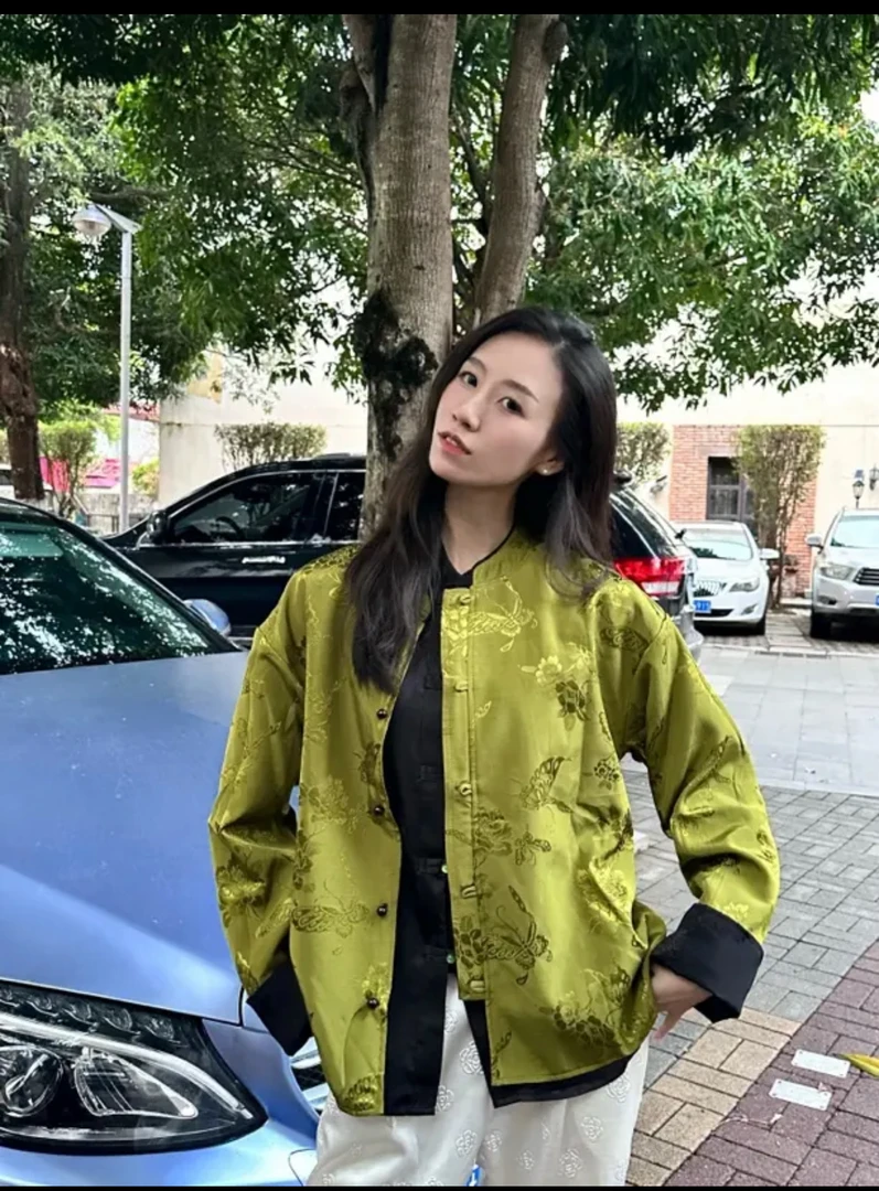 春季新中式宽松双面穿丝缎外套女国风复古女装