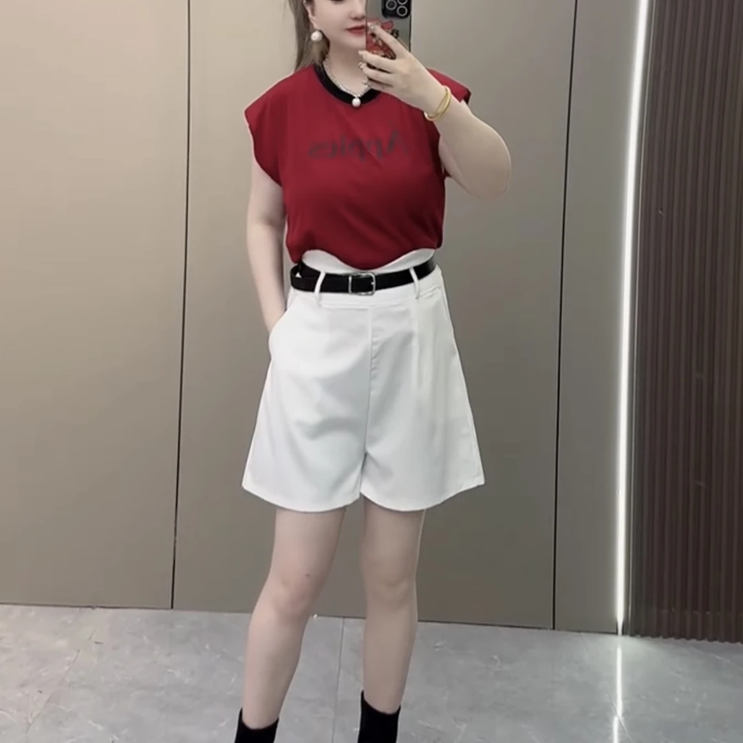 新款韩系撞色印花字母坎袖T恤高腰腰带短裤8606/8607