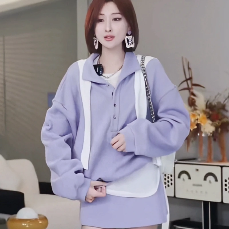 2025春季新款休闲宽松半开领紫色卫衣减龄高腰半身裙两件套女装