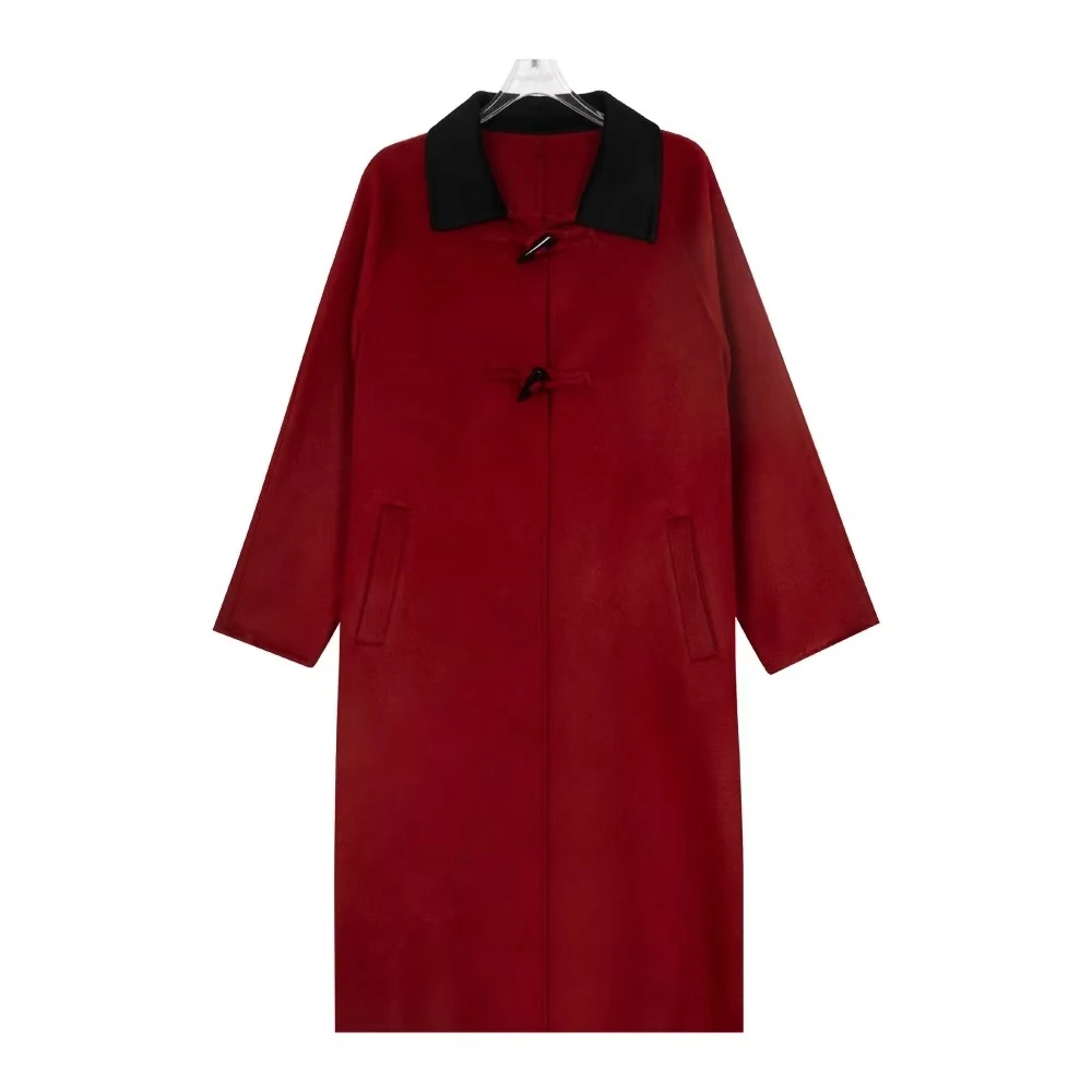 牛角扣双面羊毛大衣气质网红时尚红色百搭冬季双面呢女士长款
