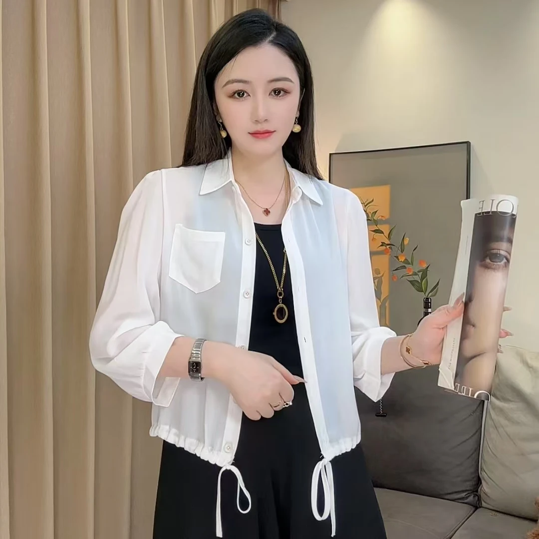 新2536原宿风夏季休闲衬衫防晒轻熟风白色宽松女装洋气短款衬衣