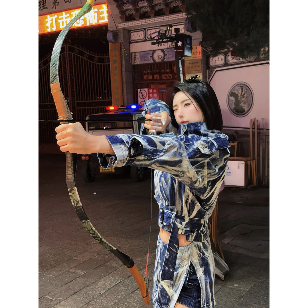 DUOMI【漠然女神】蓝色高领腰带拼色牛仔外套半裙
