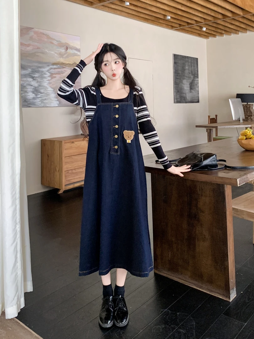 潮流裙子大码春秋款韩版甜美小熊绣花牛仔清冷系禅意衣服女秋季