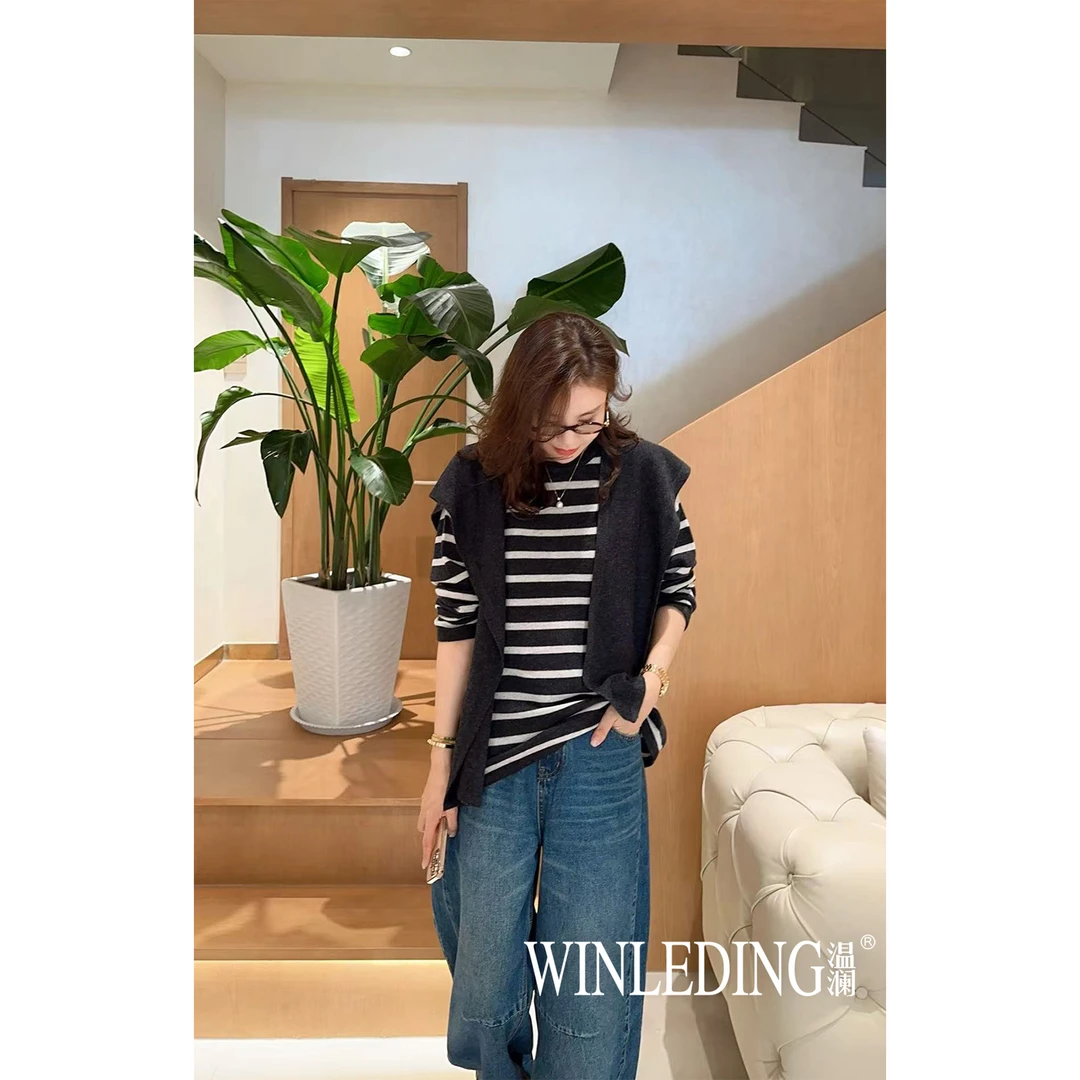 温澜服饰·雅“盐霜”条纹长袖披肩上衣50406