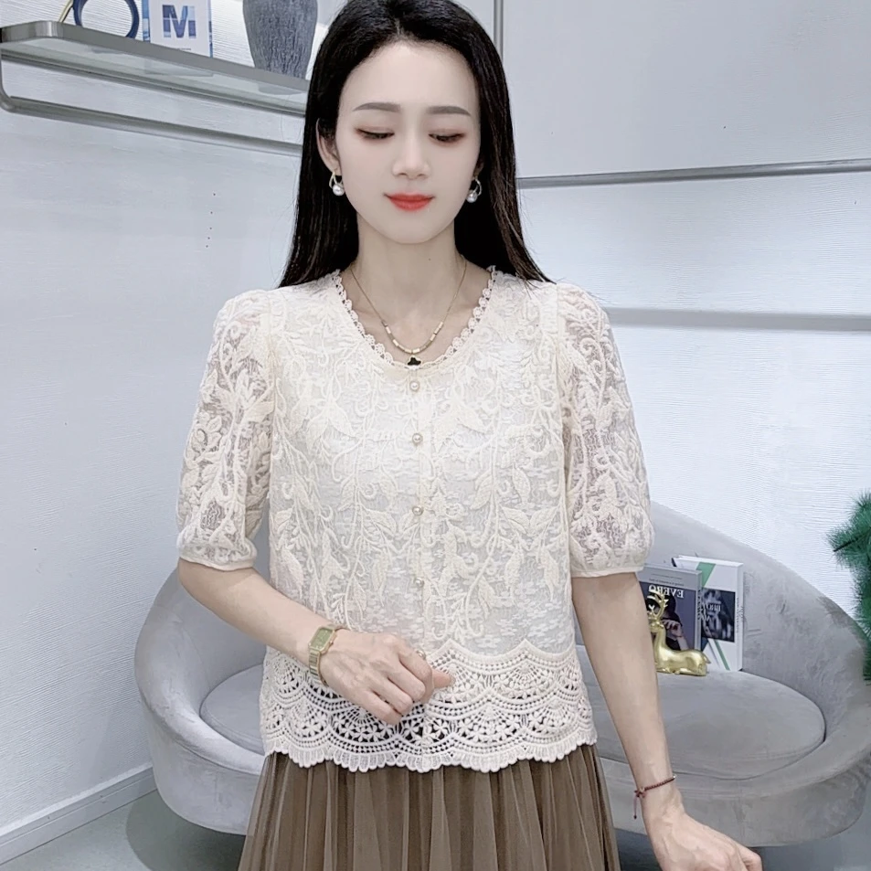 A8201蕾丝刺绣衬衫女夏季新款洋气减龄小衫显瘦圆领百搭上衣