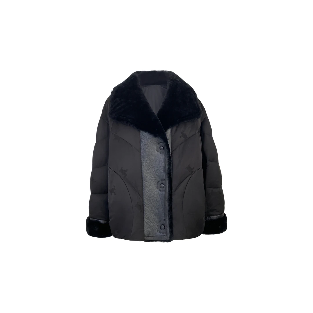 【鸿音】冬季羊毛翻领皮毛一体短款鹅绒服5150